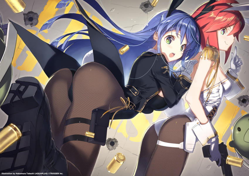 2girls animal_ears ass blue_hair boots bunny_tail bunnysuit coattails epaulettes explosive fake_animal_ears fishnet_pantyhose fishnets frag gloves green_eyes grenade hands_on_another's_back leotard long_hair looking_back multiple_girls muzzle_(trigger) nakamura_takeshi official_art open_mouth pantyhose rabbit_ears redhead shell_casing short_hair smile strapless strapless_leotard tail thigh_strap trigger-chan trigger_(company) triggertop watermark white_gloves white_leotard wrist_cuffs