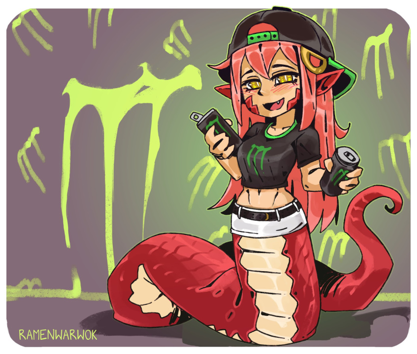 1girl :d artist_name backwards_hat baseball_cap belt black_shirt blush border breasts can commission energy_drink fang full_body hair_between_eyes hair_ornament hairclip hat highres holding holding_can lamia long_hair looking_at_viewer miia_(monster_musume) miniskirt monster_energy monster_girl monster_musume_no_iru_nichijou navel open_mouth pointy_ears ramenwarwok redhead scales shirt skirt slit_pupils smile solo t-shirt tail white_border yellow_eyes