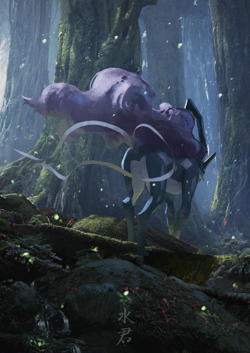 commentary_request day forest from_behind full_body gen_2_pokemon highres moss nature no_humans outdoors petals pokemon pokemon_(creature) rounin_(amuza) scenery solo standing suicune translation_request tree