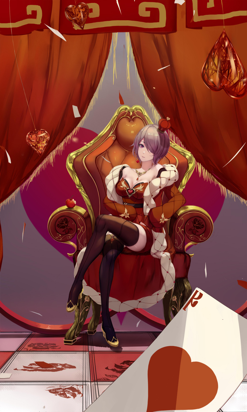1girl absurdres ace_of_hearts alternate_costume bangs belt black_footwear black_legwear blush boots breasts brown_hair card coat crown dress earrings flower full_body gloves gold hair_over_one_eye head_tilt heart heart_earrings highres honkai_(series) honkai_impact_3rd hoshino_arika jewelry large_breasts legs_crossed long_sleeves looking_at_viewer mini_crown necklace off_shoulder playing_card pointing red_coat red_dress rita_rossweisse ruby_(gemstone) short_hair sidelocks signature sitting smile solo thigh-highs thigh_boots tongue tongue_out