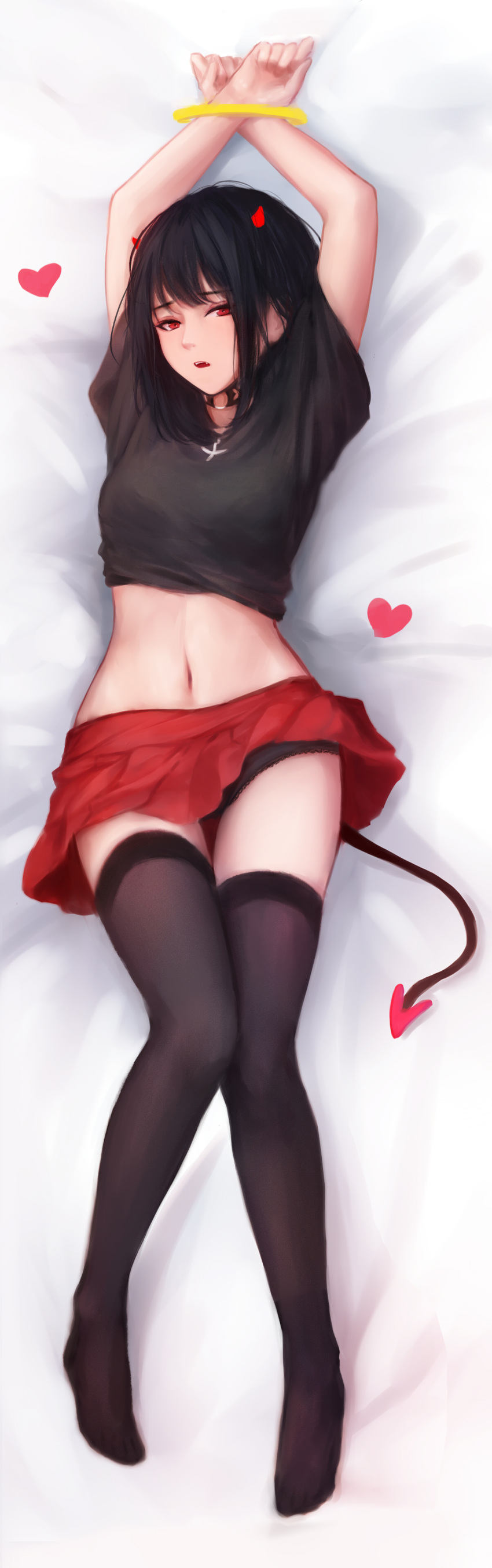 1girl absurdres arms_up bangs bed_sheet black_choker black_hair black_legwear black_panties black_shirt bound bound_wrists breasts choker dakimakura demon_girl demon_horns demon_tail eyebrows_visible_through_hair full_body halo heart highres horns lace lace-trimmed_panties lying navel no_shoes o-ring o-ring_choker on_back original panties parted_lips pleated_skirt red_eyes red_skirt shimmer shirt shirt_lift short_sleeves skirt skirt_lift small_breasts solo stomach tail thigh-highs underwear