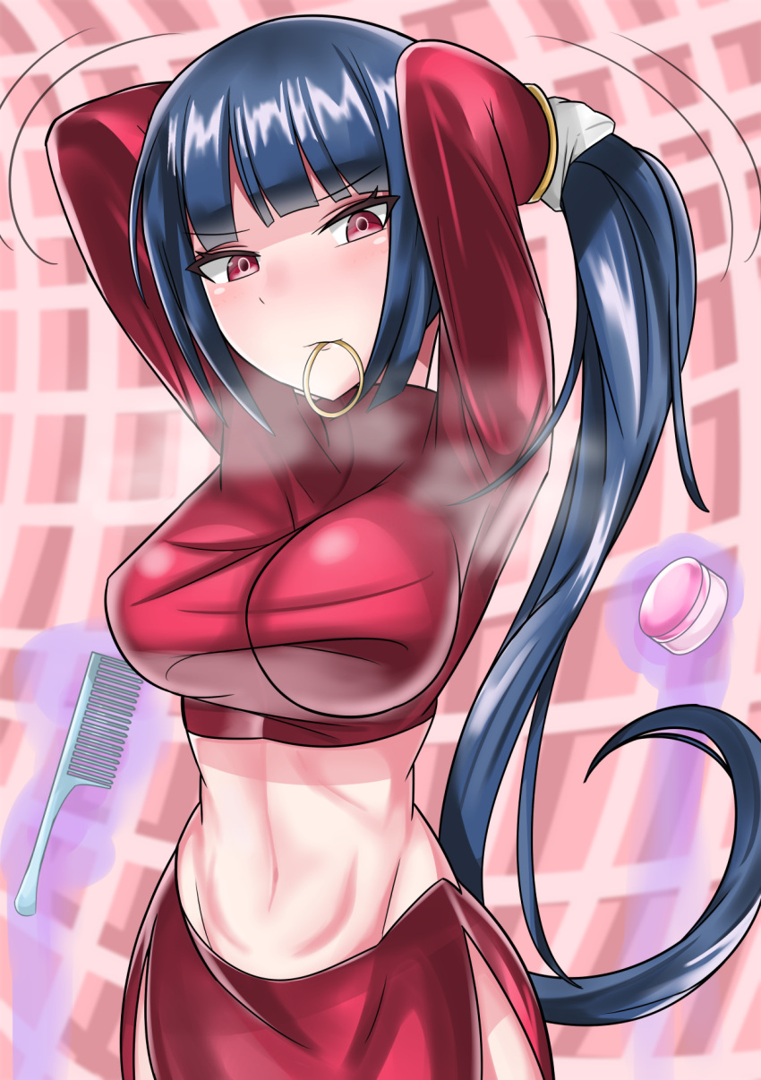 1girl adjusting_hair black_hair blush breasts comb commentary_request gloves highres large_breasts long_hair looking_at_viewer midriff mouth_hold natsume_(pokemon) navel pokemon pokemon_(game) ponytail red_eyes red_shirt red_skirt shirt side_slit skirt solo sumida_kichi telekinesis very_long_hair white_gloves