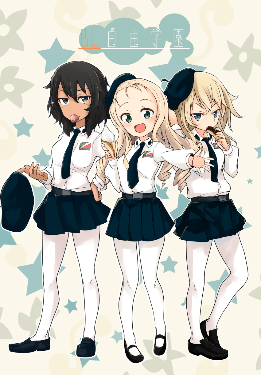 3girls :d absurdres alternate_costume andou_(girls_und_panzer) anzio_school_uniform bangs barashiya belt beret black_belt black_eyes black_footwear black_hair black_headwear black_neckwear black_skirt blonde_hair blue_eyes commentary dark_skin dress_shirt drill_hair eating eclair_(food) emblem food frown gesture girls_und_panzer green_eyes hand_on_headwear hand_on_hip hat hat_removed headwear_removed heel_raised highres holding holding_food holding_hat ice_cream_cone light_blush loafers long_hair long_sleeves looking_at_viewer marie_(girls_und_panzer) mary_janes medium_hair messy_hair miniskirt mouth_hold multiple_girls necktie open_mouth oshida_(girls_und_panzer) pantyhose parted_lips pleated_skirt school_uniform shirt shoes skirt smile standing star starry_background translated v-shaped_eyebrows white_legwear white_shirt