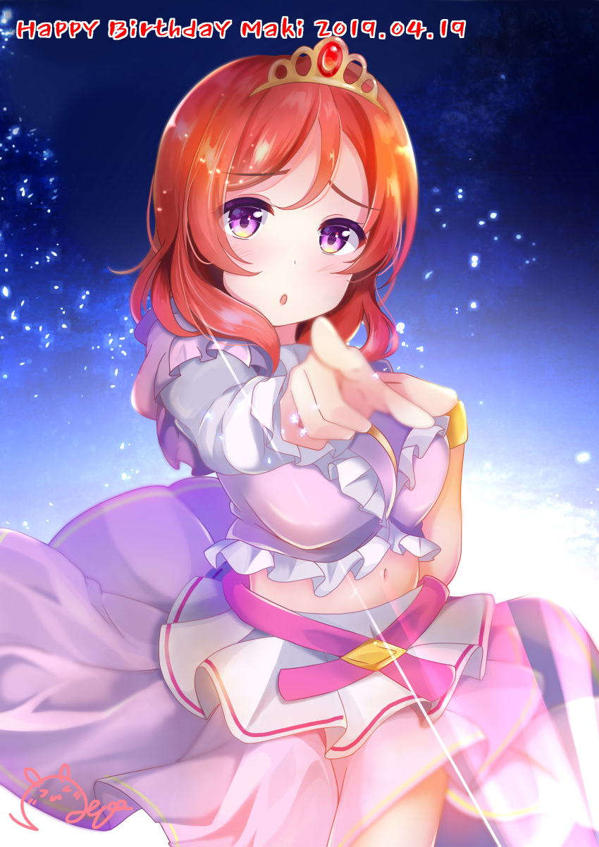 1girl :o absurdres bangs blurry blush character_name dated depe eyebrows_visible_through_hair gradient gradient_background hair_between_eyes happy_birthday highres looking_at_viewer love_live! love_live!_school_idol_project midriff music_s.t.a.r.t!! navel nishikino_maki open_mouth pointing pointing_at_viewer redhead short_hair signature simple_background skirt tiara violet_eyes