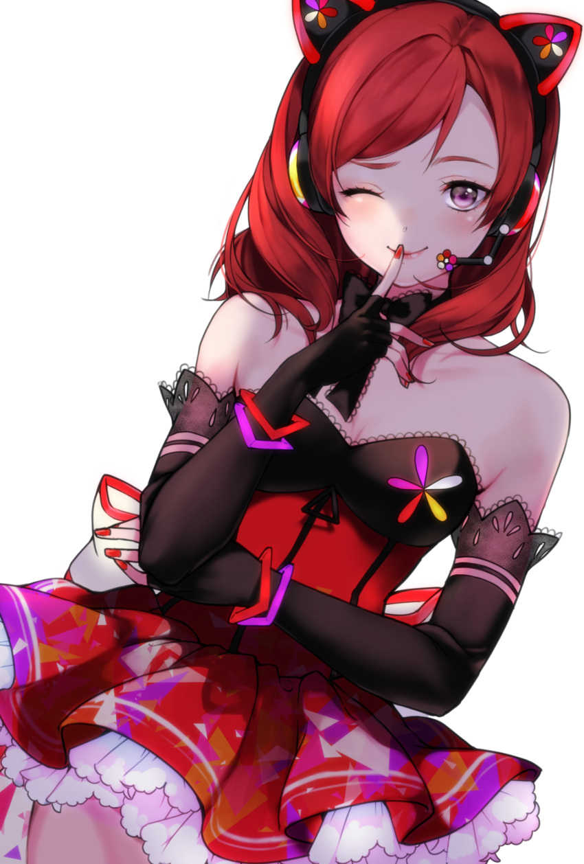 1girl ;) back_bow bare_shoulders black_gloves black_neckwear bow bowtie bracelet cat_ear_headphones dress elbow_gloves finger_to_mouth fingerless_gloves gloves headphones headset highres jewelry kate_iwana looking_at_viewer love_live! love_live!_school_idol_festival love_live!_school_idol_project medium_hair nail_polish nishikino_maki one_eye_closed red_dress red_nails redhead simple_background smile solo strapless strapless_dress violet_eyes white_background