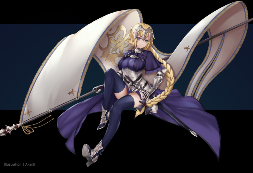 1girl absurdres akais armor armored_dress bangs blonde_hair blue_eyes blue_legwear blush braid breasts commentary dark_background fate/apocrypha fate/grand_order fate_(series) full_body gauntlets hair_ornament headpiece highres jeanne_d'arc_(fate) jeanne_d'arc_(fate)_(all) large_breasts long_hair looking_at_viewer silver_footwear single_braid solo standard_bearer thigh-highs very_long_hair violet_eyes