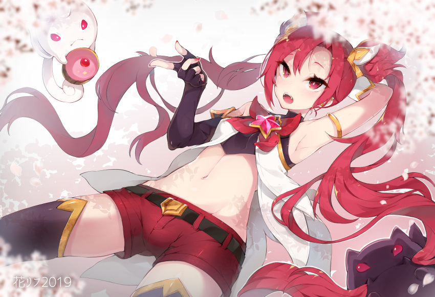 1girl arm_up armlet armpits bangs bare_shoulders belt black_legwear cherry_blossoms elbow_gloves fangs fingerless_gloves gloves highres jinx_(league_of_legends) league_of_legends long_hair magical_girl mismatched_gloves navel open_mouth red_eyes redhead shorts solo star_guardian_(league_of_legends) star_guardian_jinx tefun_(tehun) thigh-highs twintails