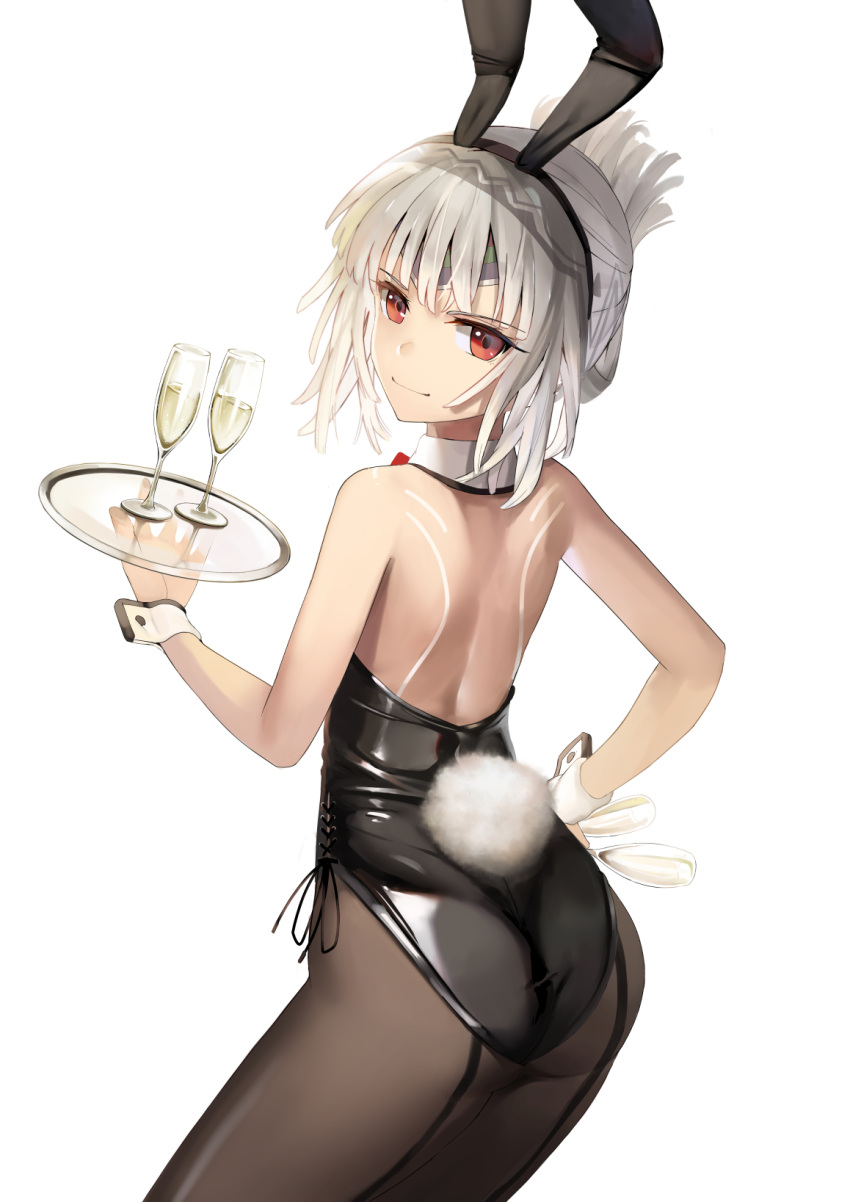 1girl altera_(fate) alternate_hairstyle animal_ears ass bunny_girl bunny_tail cup detached_collar drinking_glass fake_animal_ears fake_tail fate_(series) fishnets hand_on_hip highres looking_at_viewer looking_back red_eyes simple_background solo sunga2usagi tail tray white_background white_hair wine_glass