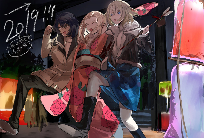 2019 3girls andou_(girls_und_panzer) arrow bangs black_footwear black_hair black_jacket black_pants blonde_hair blue_eyes blue_skirt boots brown_coat brown_eyes casual clenched_hand coat commentary_request dark_skin directional_arrow festival floral_print girls_und_panzer highres holding holding_arrow holding_hands itou_(golem_inc) jacket japanese_clothes kimono leg_up long_hair long_sleeves marie_(girls_und_panzer) medium_hair medium_skirt messy_hair multiple_girls new_year night obi open_mouth oshida_(girls_und_panzer) pants pink_kimono print_kimono sash shirt shoes skirt smile standing standing_on_one_leg translated walking white_shirt