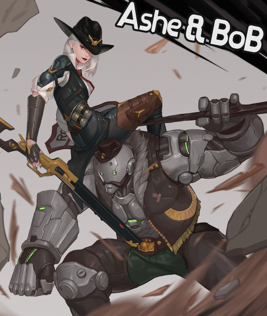 1boy 1girl ashe_(overwatch) asymmetrical_hair belt_buckle bob_(overwatch) bowler_hat bracer broken_thumbnail buckle character_name cowboy_hat earrings extra_eyes eyeshadow facial_hair finger_on_trigger green_eyes gun hat hat_over_one_eye height_difference highres holding holding_gun holding_weapon improvised_weapon jewelry lever_action lipstick makeup missing_thumbnail mole_above_mouth mustache no_pupils omnic overwatch popped_collar red_eyes red_lipstick rifle road_sign robot sign sitting_on_shoulder sleeves_pushed_up stud_earrings tamidro vest weapon white_hair