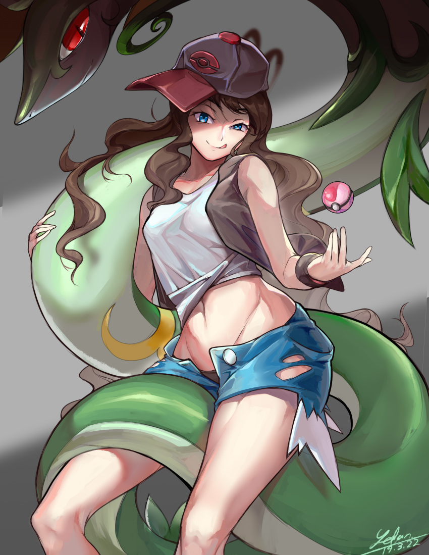 1girl absurdres artist_name black_panties brown_hair buttons commentary dated denim denim_shorts gen_5_pokemon grey_background hair_down hat highres licking_lips long_hair midriff navel open_clothes open_fly open_shorts panties poke_ball pokemon pokemon_(creature) pokemon_(game) pokemon_bw red_eyes serperior shaded_face short_shorts shorts signature simple_background snake stomach tank_top tongue tongue_out touko_(pokemon) unbuttoned underwear vest wavy_hair yedan999