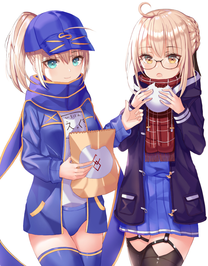 2girls absurdres ahoge aqua_eyes artoria_pendragon_(all) bag baozi black-framed_eyewear black_legwear blonde_hair blue_legwear blue_scarf blue_serafuku braid buruma closed_mouth clothes_writing cowboy_shot eating fate/grand_order fate_(series) food food_on_face french_braid garter_straps glasses hat highres holding holding_food jacket long_sleeves miniskirt multiple_girls mysterious_heroine_x mysterious_heroine_x_(alter) open_clothes open_mouth paper_bag plaid plaid_scarf pleated_skirt pointing ponytail red_scarf scarf school_uniform serafuku shaffelli simple_background skirt thigh-highs white_background yellow_eyes