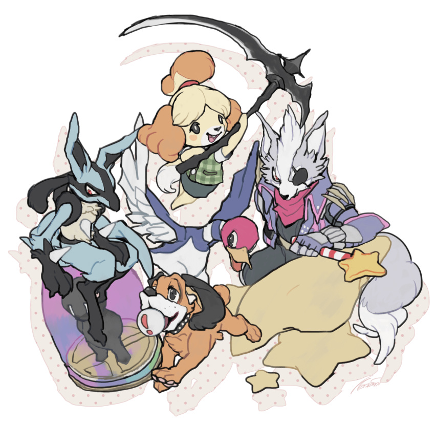 ! 1girl 2boys animal_crossing animal_ears arm_up assist_trophy aura_(specie) barefoot bird black_eyes black_pants black_shirt blonde_hair blue_skirt blush_stickers buck_teeth canine closed_mouth dog dog_(duck_hunt) dog_ears dog_tail doubutsu_no_mori drop_shadow duck duck_(duck_hunt) duck_hunt eyepatch fingerless_gloves flat_chest full_body furry gen_4_pokemon gloves green_vest hair_tie hal_laboratory_inc. hand_up highres holding holding_weapon hoshi_no_kirby huge_weapon jacket jumping kanami kirby_(series) looking_at_viewer lucario miniskirt multiple_boys nintendo_ead no_humans open_mouth pants pencil_skirt pink_neckwear plaid plaid_vest pokemon pokemon_(creature) purple_gloves purple_jacket red_eyes running shirt shizue_(doubutsu_no_mori) short_hair short_sleeves simple_background sitting skirt smile sora_(company) specie_connection star star_fox star_rod super_smash_bros. super_smash_bros._ultimate super_smash_bros_brawl super_smash_bros_for_wii_u_and_3ds tail tied_hair tiny_pupils tobidase:_doubutsu_no_mori topknot vest weapon white_background white_shirt wolf_ears wolf_o'donnell wolf_tail