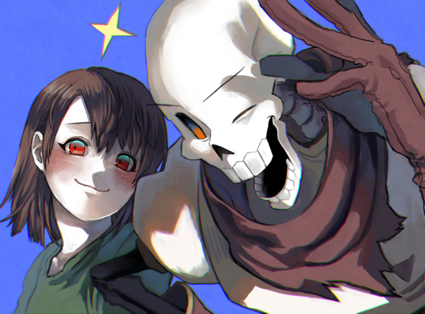 1boy 1other :3 androgynous asymmetrical_bangs bangs big_mouth blue_background brown_hair chara_(undertale) chromatic_aberration closed_mouth constricted_pupils eyebrows_behind_hair green_shirt hand_on_hip hand_up head_tilt hollow_eyes hollow_mouth looking_at_viewer medium_hair one_eye_closed open_mouth papyrus_(undertale) pose red_eyes scarf shirt shousan_(hno3syo) skeleton smile teeth undertale upper_body
