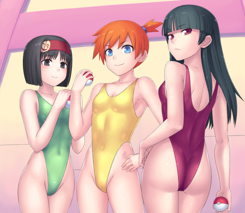 3girls ass bangs black_eyes black_hair blue_eyes blunt_bangs breasts commentary_request covered_navel cowboy_shot erika_(pokemon) eyebrows_visible_through_hair green_leotard green_swimsuit hai_(h81908190) hairband highleg highleg_leotard highleg_swimsuit holding holding_poke_ball kasumi_(pokemon) leotard long_hair multiple_girls natsume_(pokemon) one-piece_swimsuit orange_hair poke_ball poke_ball_(generic) pokemon pokemon_(game) pokemon_frlg purple_leotard purple_swimsuit red_eyes red_hairband short_hair shoulder_blades side_ponytail small_breasts swimsuit yellow_leotard yellow_swimsuit