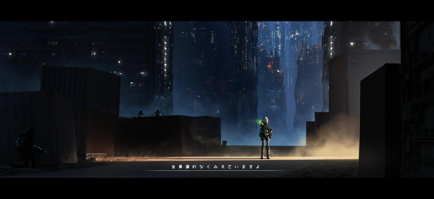 1girl 3others asuteroid bad_id bad_twitter_id black_jacket black_legwear black_shorts boots building city city_lights cityscape commentary_request container expressionless fog glowing glowing_eyes green_eyes gun hair_between_eyes highres holding holding_gun holding_weapon hood iz_(asuteroid) jacket knee_boots long_hair long_sleeves multiple_others neon_trim night open_clothes open_jacket original outdoors science_fiction shadow shipping_container shirt shorts skyscraper solo_focus standing thigh-highs translated weapon white_hair white_shirt wide_shot