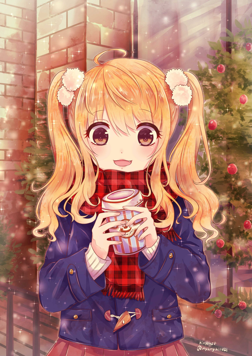 1girl absurdres blonde_hair blue_coat brown_eyes christmas cup fang hair_bobbles hair_ornament highres holding holding_cup long_sleeves looking_at_viewer original ornament outdoors pink_skirt plaid plaid_scarf pocket raki1102mi red_scarf scarf sidelocks skirt solo twintails twitter_username unmoving_pattern upper_body