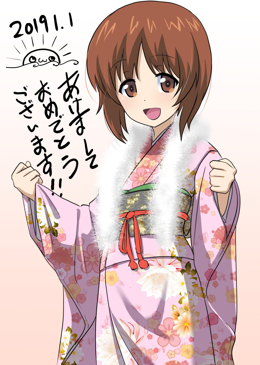 1girl :d absurdres akeome artist_logo bangs clenched_hands commentary dated excel_(shena) eyebrows_visible_through_hair floral_print fur_scarf girls_und_panzer gradient gradient_background happy_new_year highres japanese_clothes kimono long_sleeves looking_at_viewer new_year nishizumi_miho obi open_mouth pink_background pink_kimono print_kimono sash short_hair smile solo standing translated w_arms white_background wide_sleeves