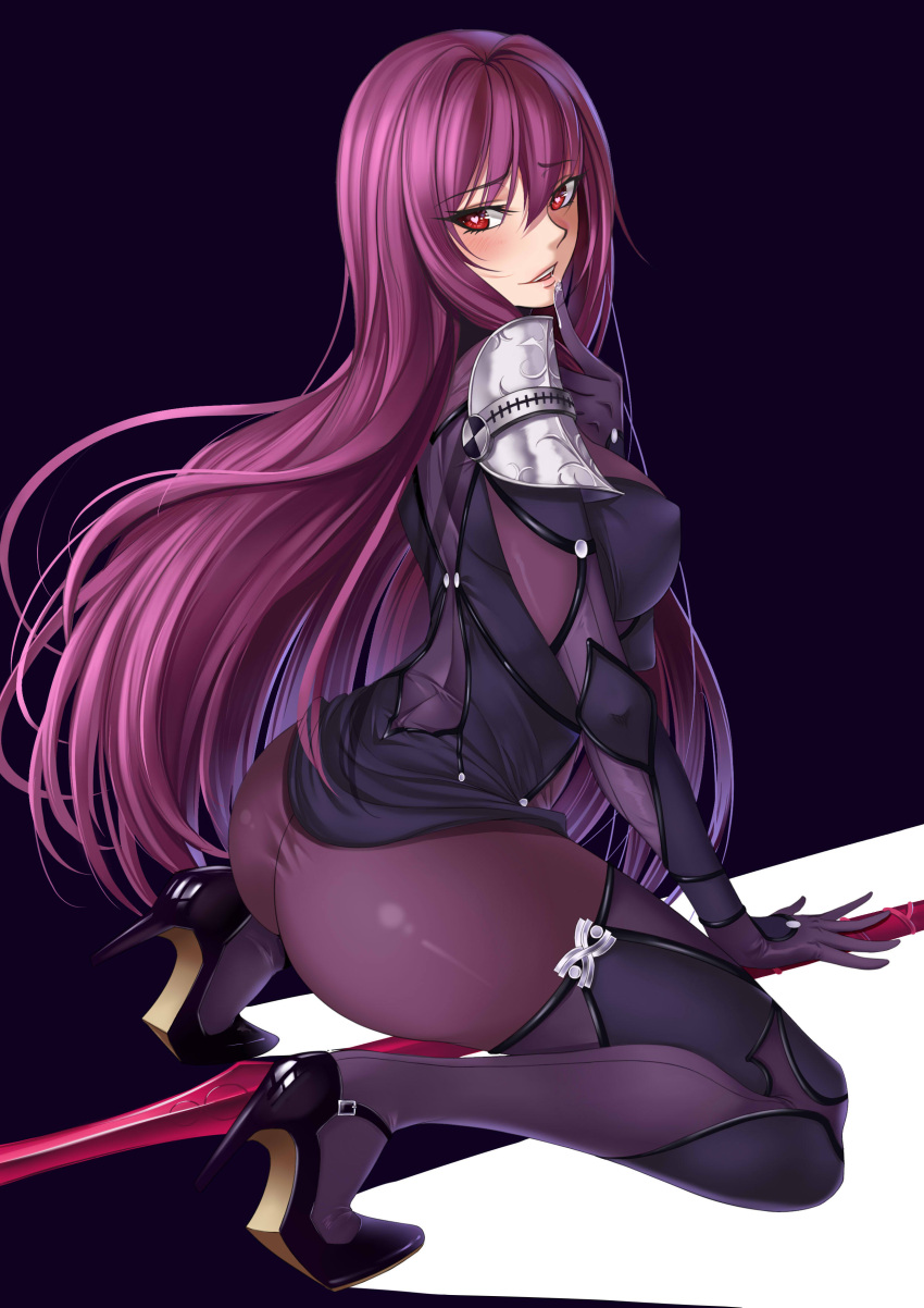 1girl absurdres ass blush butt_crack covered_nipples fate/grand_order fate_(series) finger_to_mouth high_heels highres kneeling long_hair no_panties polearm purple_hair red_eyes scathach_(fate)_(all) scathach_(fate/grand_order) see-through solo spear weapon xiao_gen