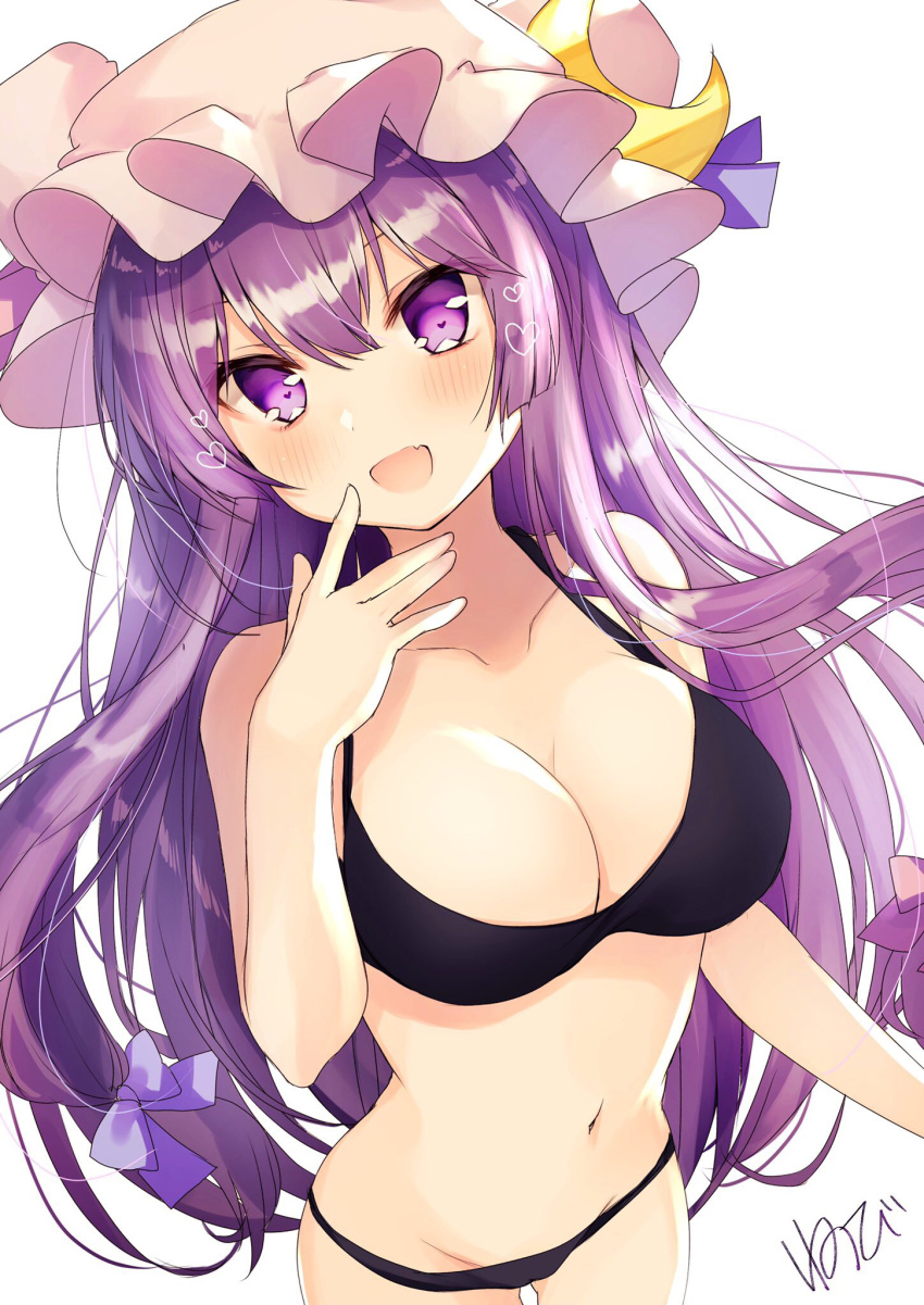 1girl :d artist_name bangs bare_arms bare_shoulders bikini black_bikini blue_ribbon blush bow breasts collarbone commentary_request cowboy_shot crescent crescent_hair_ornament eyebrows_visible_through_hair hair_between_eyes hair_bow hair_ornament hand_up hat hat_ribbon heart highres large_breasts long_hair looking_at_viewer mob_cap navel nenobi_(nenorium) open_mouth patchouli_knowledge purple_bow purple_headwear ribbon signature simple_background smile solo standing stomach swimsuit thighs touhou translated very_long_hair white_background