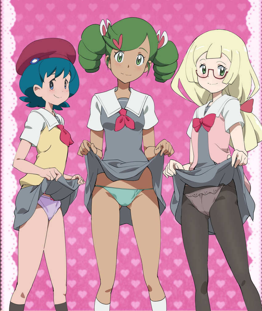 3girls black_legwear blonde_hair blue_eyes blue_hair blue_panties breasts closed_mouth dress feet_out_of_frame glasses green_eyes green_hair grey_dress hat heart heart_background highres lifted_by_self lillie_(pokemon) long_hair looking_at_viewer mallow_(pokemon) multiple_girls ontaros panties pantyhose pink_background pokemon pokemon_(anime) pokemon_sm113 pokemon_sm_(anime) purple_panties ribbon short_hair small_breasts smile socks suiren_(pokemon) underwear white_legwear