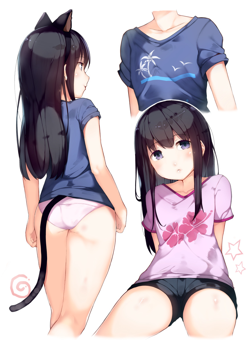 1girl absurdres animal_ears animal_print artist_name ass bird_print black_hair blue_shirt breasts cat_ears cat_tail collarbone contrapposto deru06 floral_print from_behind highres koe_no_katachi leaning_back long_hair looking_at_viewer multiple_views no_pants paid_reward palm_tree palm_tree_print panties patreon_reward pink_panties pink_shirt shirt short_shorts shorts simple_background sitting small_breasts standing t-shirt tail tree ueno_naoka underwear violet_eyes white_background
