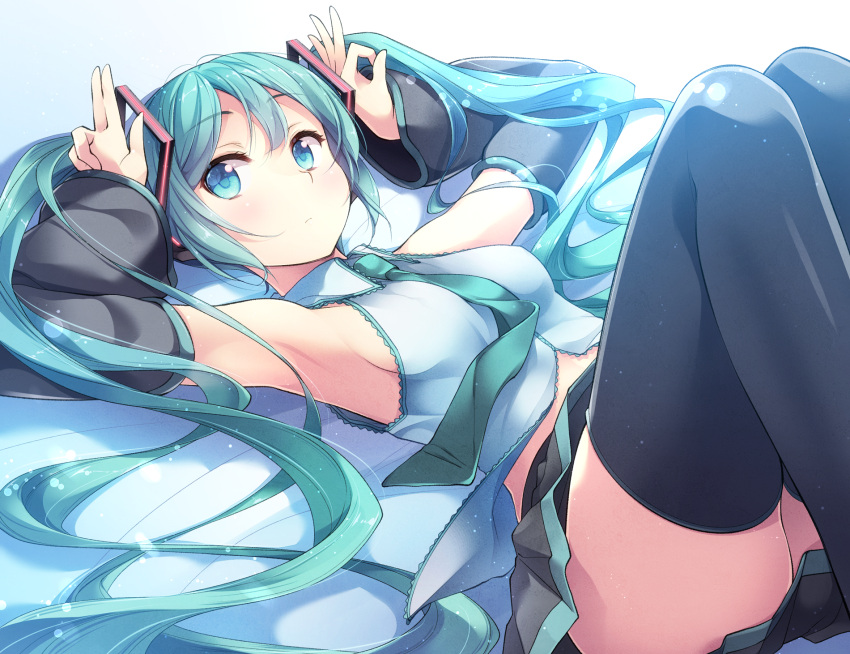 1girl aqua_eyes aqua_hair armpits arms_up bangs black_legwear commentary detached_sleeves hatsune_miku highres long_hair looking_at_viewer lying matsuuni necktie on_back pleated_skirt sidelocks skirt solo thigh-highs twintails very_long_hair vocaloid