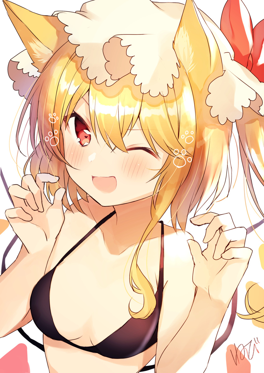 1girl ;d absurdres animal_ear_fluff animal_ears artist_name bangs bare_arms bare_shoulders bikini black_bikini blonde_hair blush bow breasts cat_ears claw_pose commentary_request crystal eyebrows_visible_through_hair flandre_scarlet hair_between_eyes halterneck hands_up hat hat_bow highres kemonomimi_mode medium_breasts mob_cap nenobi_(nenorium) one_eye_closed one_side_up open_mouth paw_print red_bow red_eyes short_hair signature simple_background smile solo swimsuit touhou translated upper_body v-shaped_eyebrows white_background white_headwear wings