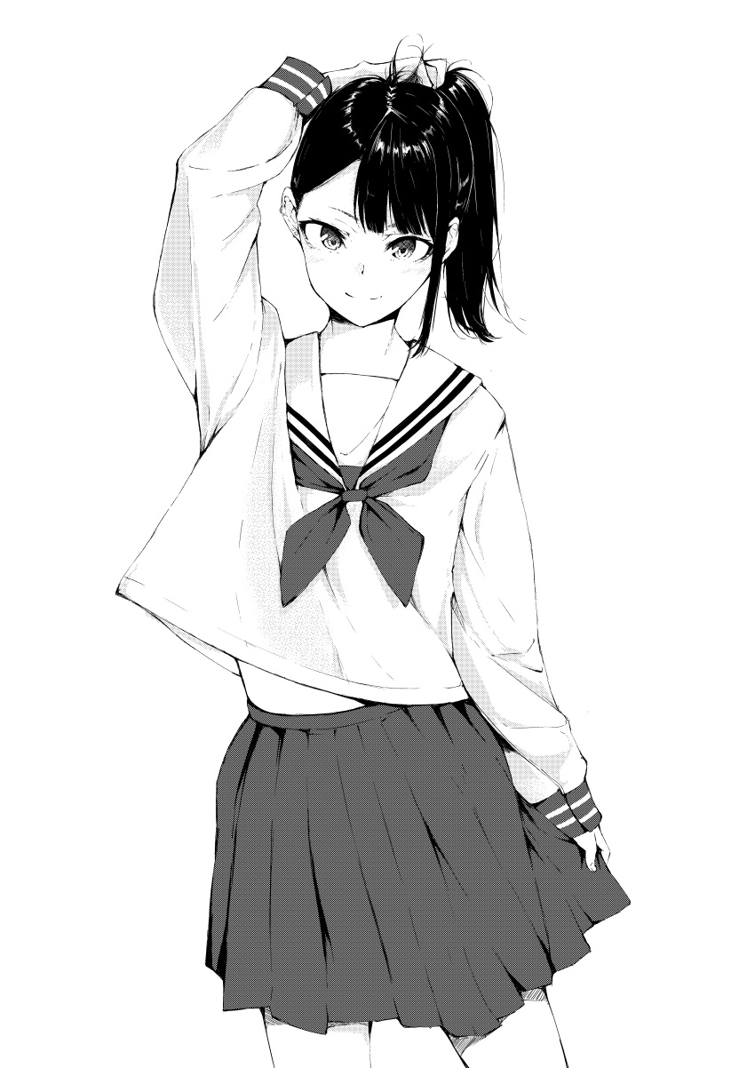 1girl absurdres arm_up bangs closed_mouth commentary_request cowboy_shot ear_piercing flat_(joppin_karu!) flat_chest greyscale halftone happy highres long_sleeves looking_at_viewer midriff_peek miniskirt monochrome neckerchief original piercing pleated_skirt ponytail sailor_collar school_uniform serafuku shiny shiny_hair shirt simple_background skirt smile solo standing tied_hair white_background