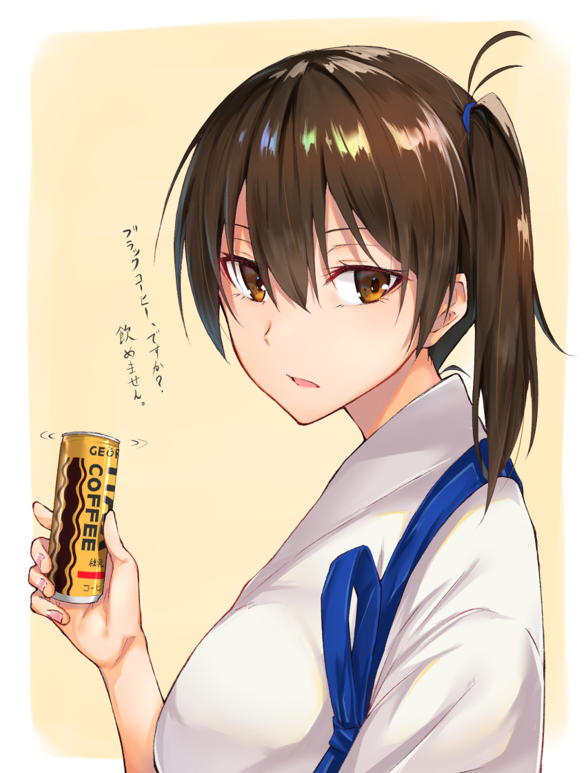 1girl bangs batabata0015 border breasts brown_eyes brown_hair can canned_coffee from_side georgia_max_coffee half-closed_eyes highres holding holding_can japanese_clothes kaga_(kantai_collection) kantai_collection large_breasts long_hair looking_at_viewer looking_to_the_side orange_background outside_border shiny shiny_hair side_ponytail simple_background solo tasuki translated upper_body white_border
