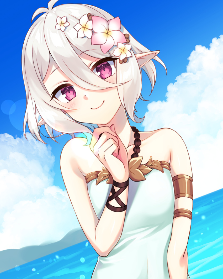 1girl 1o_(ichio) breasts clouds collarbone commentary_request day flower hair_flower hair_ornament highres kokkoro_(princess_connect!) looking_at_viewer ocean pointy_ears princess_connect! princess_connect!_re:dive short_hair sky small_breasts smile solo swimsuit upper_body violet_eyes
