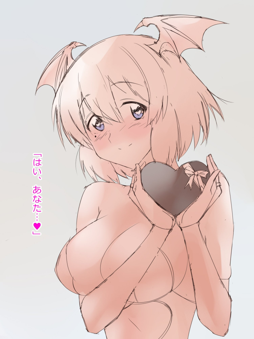 1girl ariel_(kagemusha) bat_wings blue_eyes blush breasts commentary eyebrows_visible_through_hair grey_background hair_between_eyes head_wings heart heart-shaped_pupils highres kagemusha large_breasts looking_at_viewer mole mole_under_eye monochrome original short_hair simple_background sketch smile solo spot_color symbol-shaped_pupils translated upper_body valentine wings