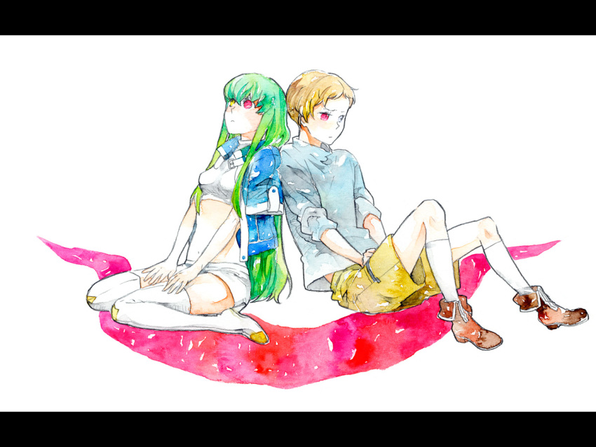 1boy 1girl bad_id bad_pixiv_id breasts c.c. closed_mouth code_geass couple geass green_hair jacket long_hair nirok rolo_lamperouge shorts thigh-highs white_background yellow_eyes