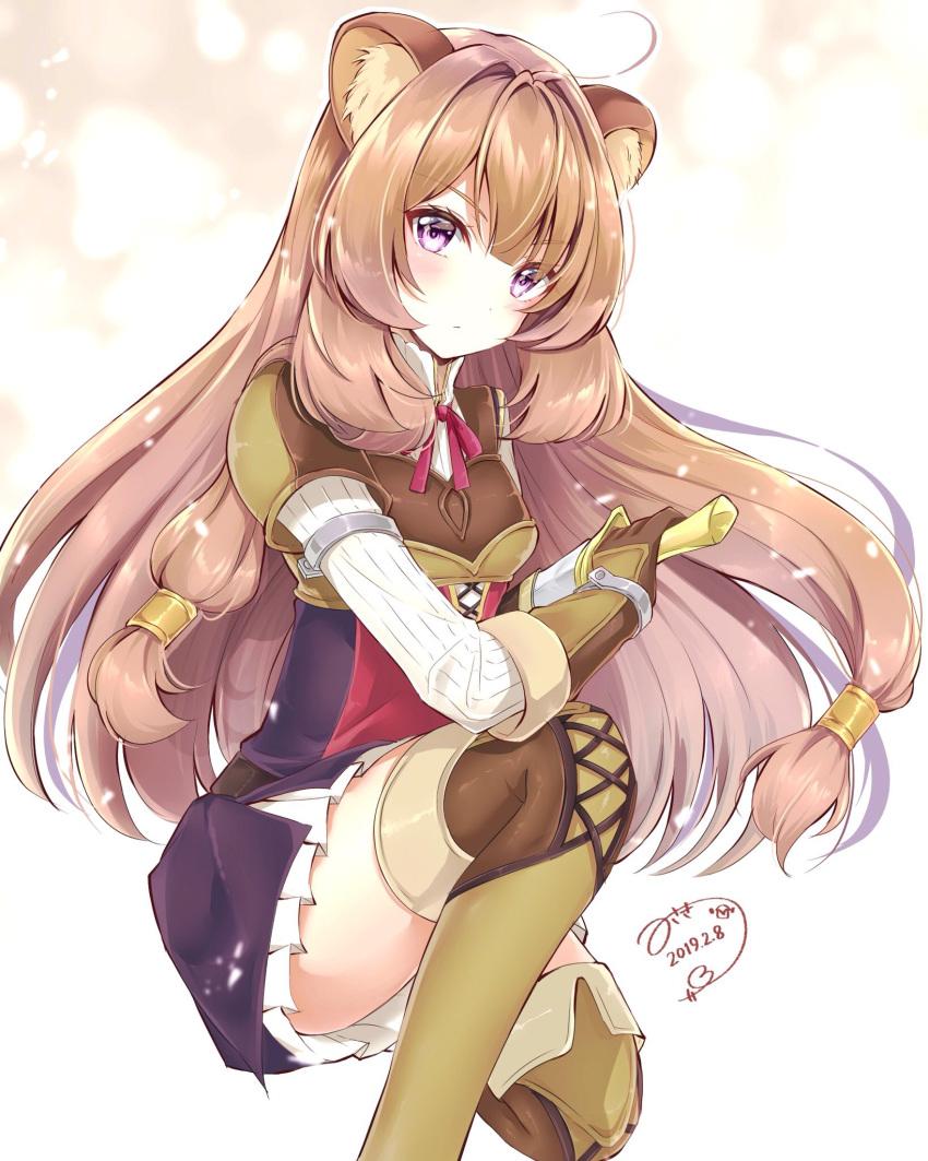 1girl ahoge animal_ears bangs black_skirt blush boots brown_hair brown_legwear closed_mouth commentary dated highres holding holding_sword holding_weapon long_hair looking_at_viewer misaki_(pixiv30645085) raccoon_ears raccoon_girl raphtalia signature skirt solo sword tate_no_yuusha_no_nariagari thigh-highs thigh_boots violet_eyes weapon