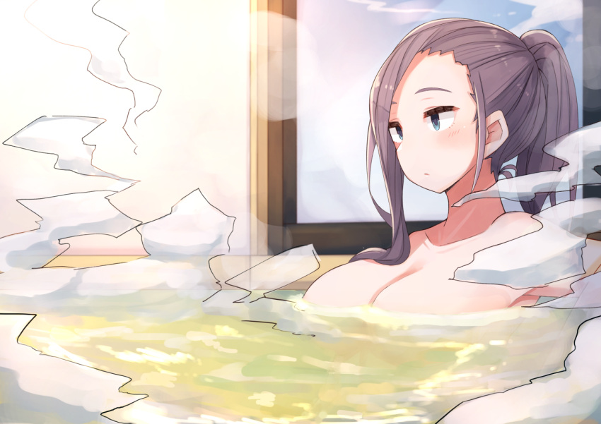 1girl alternate_hairstyle bangs bath bathing blue_eyes blush breasts closed_mouth collarbone commentary_request high_ponytail indoors kagamihara_sakura large_breasts long_hair nude onsen partially_submerged plan_(planhaplalan) purple_hair sitting solo steam swept_bangs water wet yurucamp