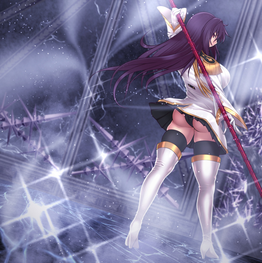 1girl arm_up ass black_legwear black_panties black_skirt boots fate/extella fate/extella_link fate/extra fate_(series) floating_hair from_behind full_body gae_bolg gloves hatsusora_sakuta high_heel_boots high_heels holding holding_spear holding_weapon jacket long_hair long_sleeves looking_at_viewer looking_back military military_jacket military_uniform miniskirt panties pleated_skirt polearm purple_hair scathach_(fate)_(all) scathach_(fate/grand_order) skirt solo spear standing thigh-highs thigh_boots underwear uniform very_long_hair weapon white_footwear white_gloves white_jacket