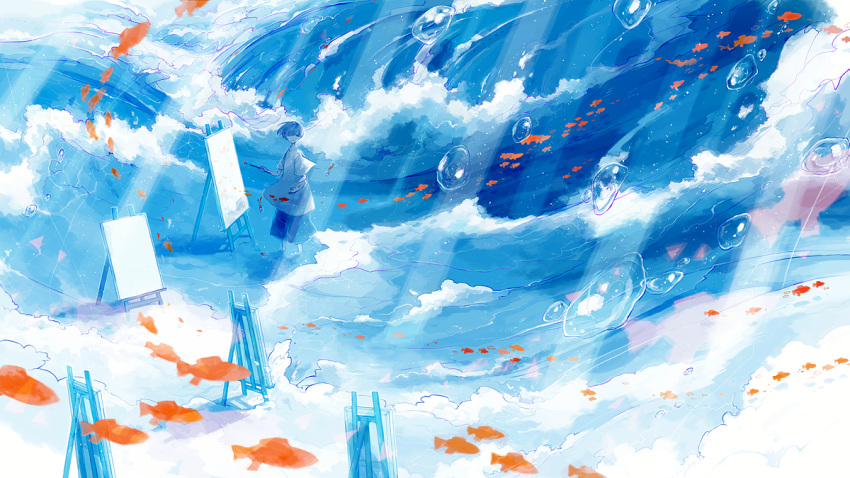 1boy bangs blue_hair blue_shorts blue_theme blunt_bangs bubble canvas_(object) day easel fish goldfish hair_over_eyes hosiiro original outdoors paintbrush painting_(object) palette shorts solo standing sunlight wading water waves