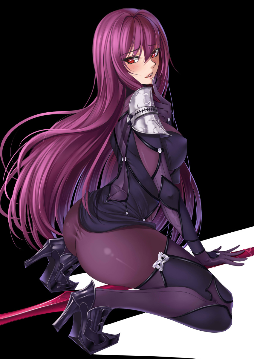 1girl absurdres ass black_background blush butt_crack covered_nipples fate/grand_order fate_(series) finger_to_mouth heart heart-shaped_pupils high_heels highres kneeling long_hair no_panties polearm purple_hair red_eyes scathach_(fate)_(all) scathach_(fate/grand_order) see-through solo spear symbol-shaped_pupils weapon xiao_gen