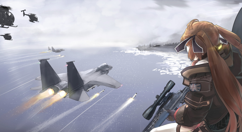 1girl aircraft airplane attack battle_rifle brown_hair call_of_duty call_of_duty:_modern_warfare_2 f-15_eagle fighter_jet girls_frontline gun helicopter highres island jet m14 m14_(girls_frontline) mh-6_little_bird military military_vehicle mishuo_(misuo69421) missile mk_14_ebr mod3_(girls_frontline) ocean parody prison rifle scope twintails union_jack weapon