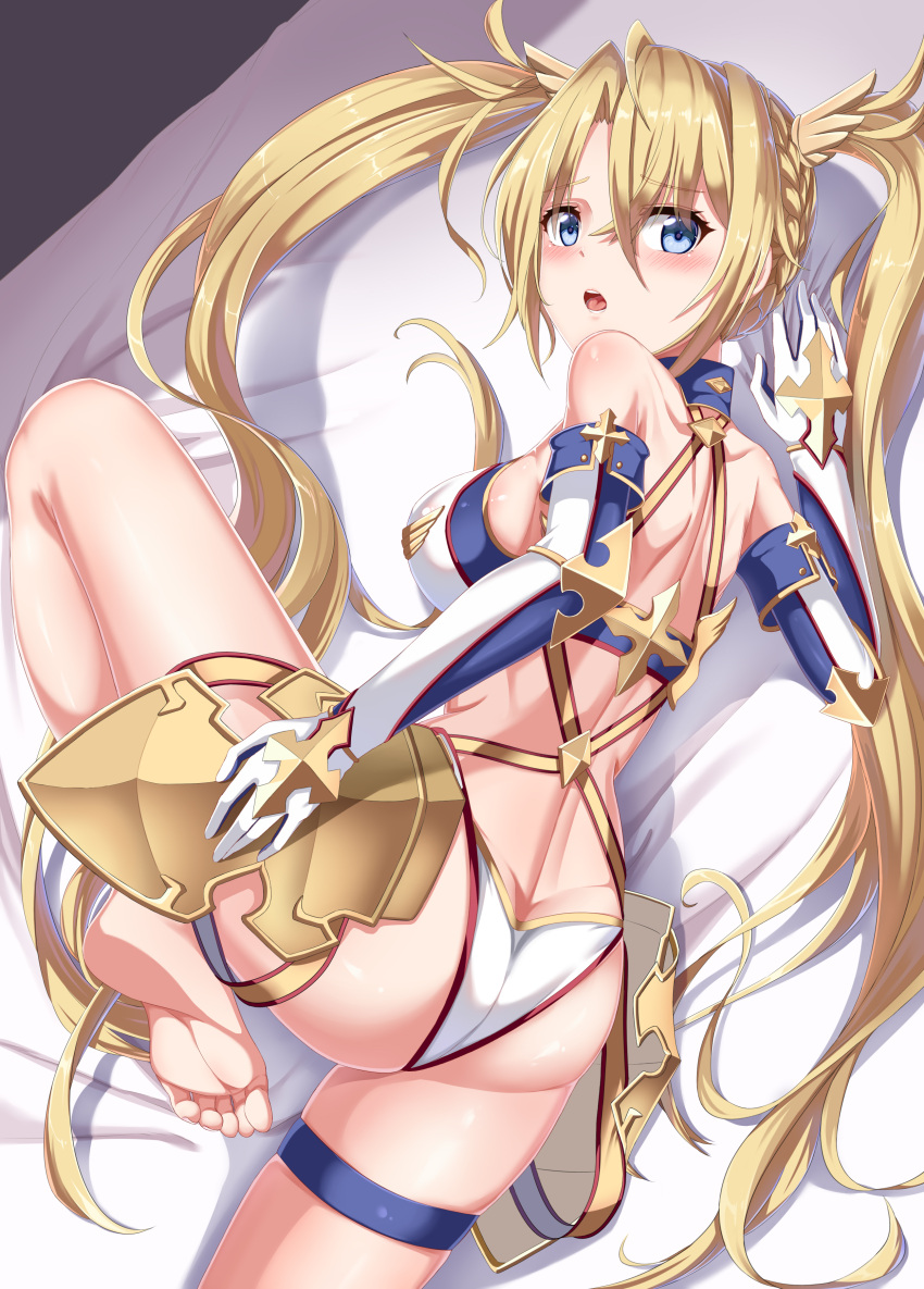 1girl :o absurdres ass back bangs bare_legs bare_shoulders barefoot bed_sheet bikini blonde_hair blue_eyes blush bradamante_(fate/grand_order) braid breasts butt_crack dutch_angle elbow_gloves eyebrows_visible_through_hair fate/grand_order fate_(series) faulds from_behind gatari gloves highres long_hair looking_at_viewer looking_back medium_breasts on_bed open_mouth parted_bangs shoulder_blades shoulder_pads sideboob skindentation soles solo swimsuit thigh_strap toes twintails very_long_hair white_bikini white_gloves