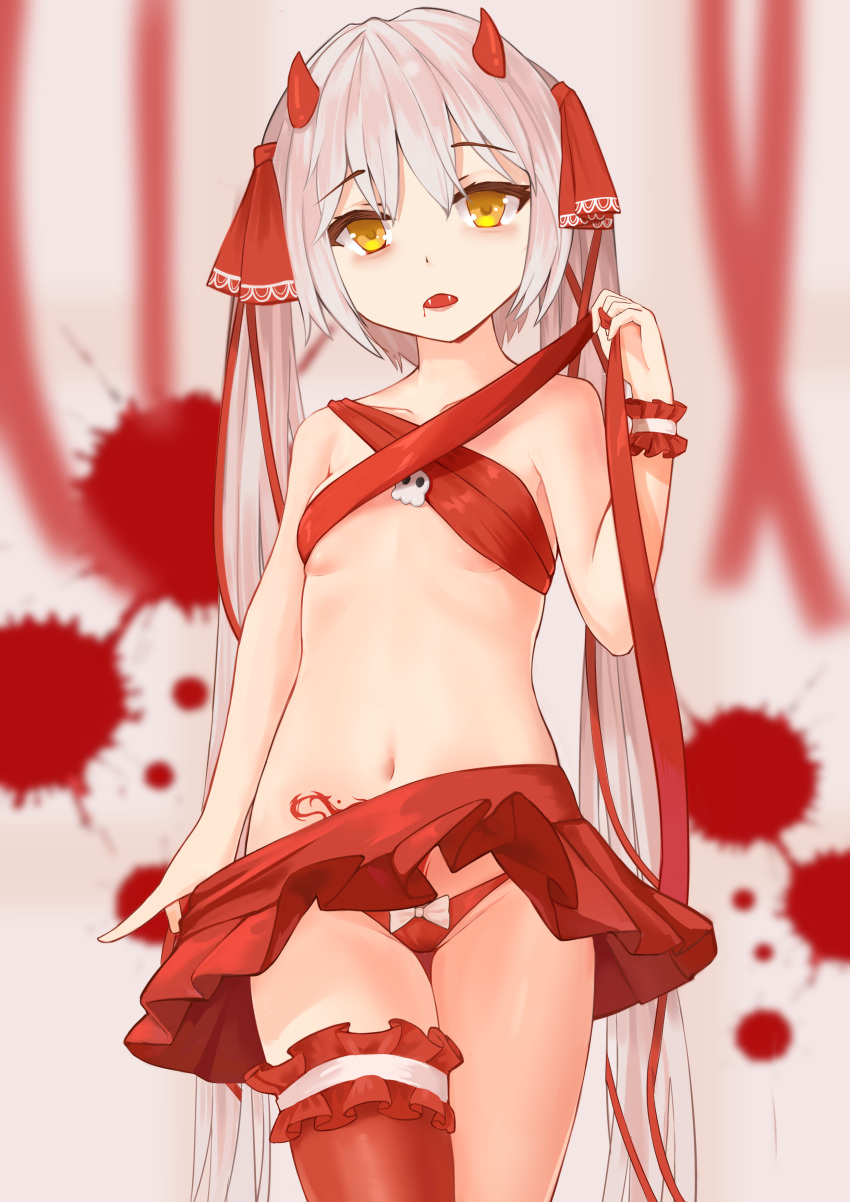 1girl absurdres bad_id bad_pixiv_id bags_under_eyes bare_shoulders blood blood_from_mouth blurry bow bow_panties breasts collarbone cowboy_shot depth_of_field fangs frilled_cuffs frilled_legwear groin hair_ribbon hand_up head_tilt highres holding horns long_hair looking_at_viewer miniskirt navel open_mouth original paint_splatter panties pleated_skirt pubic_tattoo qianqiu_wanxia red_legwear red_panties red_ribbon red_skirt revealing_clothes ribbon sidelocks silver_hair single_thighhigh skirt small_breasts solo standing stomach tattoo thigh-highs twintails underwear vampire very_long_hair wrist_cuffs yellow_eyes