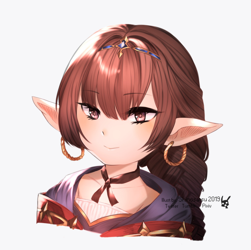 1girl bangs braid brown_hair choker cloak earrings eyebrows_visible_through_hair granblue_fantasy haaselila harvin highres hoop_earrings jewelry long_hair pointy_ears ribbon_choker shinosatsu simple_background single_braid tagme