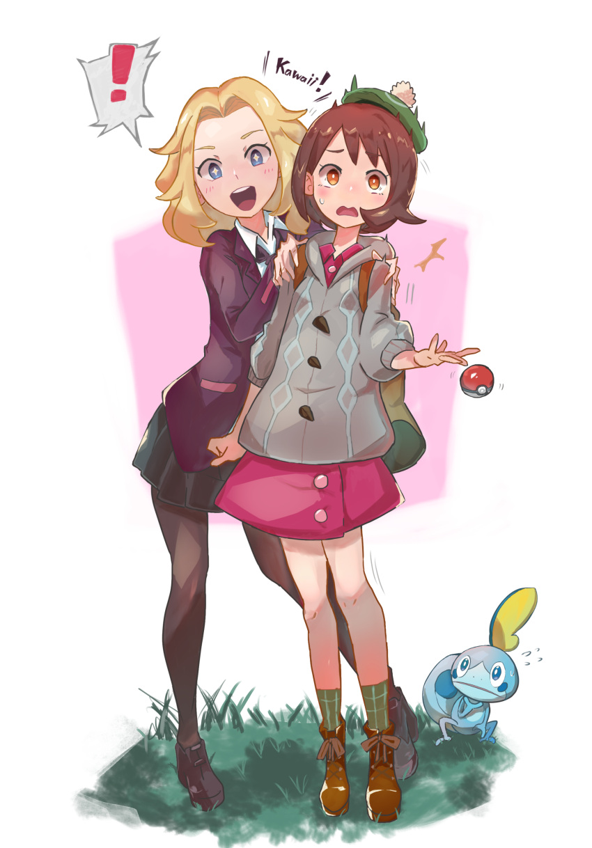 ! 2girls :d absurdres backpack bag bangs black_legwear black_skirt blazer blonde_hair blue_eyes blush boots brown_eyes brown_footwear brown_hair cardigan dress female_protagonist_(pokemon_swsh) flying_sweatdrops gameplay_mechanics gen_8_pokemon grass green_headwear green_legwear grey_cardigan hands_on_another's_shoulders hat highres hood hooded_sweater jacket long_sleeves looking_at_viewer medium_hair multiple_girls open_mouth pantyhose pink_dress pleated_skirt poke_ball poke_ball_(generic) pokemon pokemon_(creature) pokemon_(game) pokemon_swsh purple_shirt purple_skirt romaji_text scared shirt short_hair skirt smile sobble spoken_exclamation_mark standing star star-shaped_pupils sweatdrop sweater symbol-shaped_pupils tam_o'_shanter tokage_(ragou_boss) trembling unnamed_girl_(pokemon_swsh)