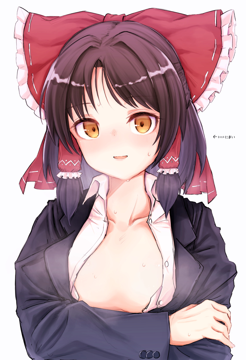 1girl absurdres black_hair bow commentary cookie_(touhou) crossed_arms hair_bow hair_tubes hakurei_reimu highres looking_at_viewer office_lady open_clothes open_shirt sananana solo sweat tail_or touhou upper_body yellow_eyes