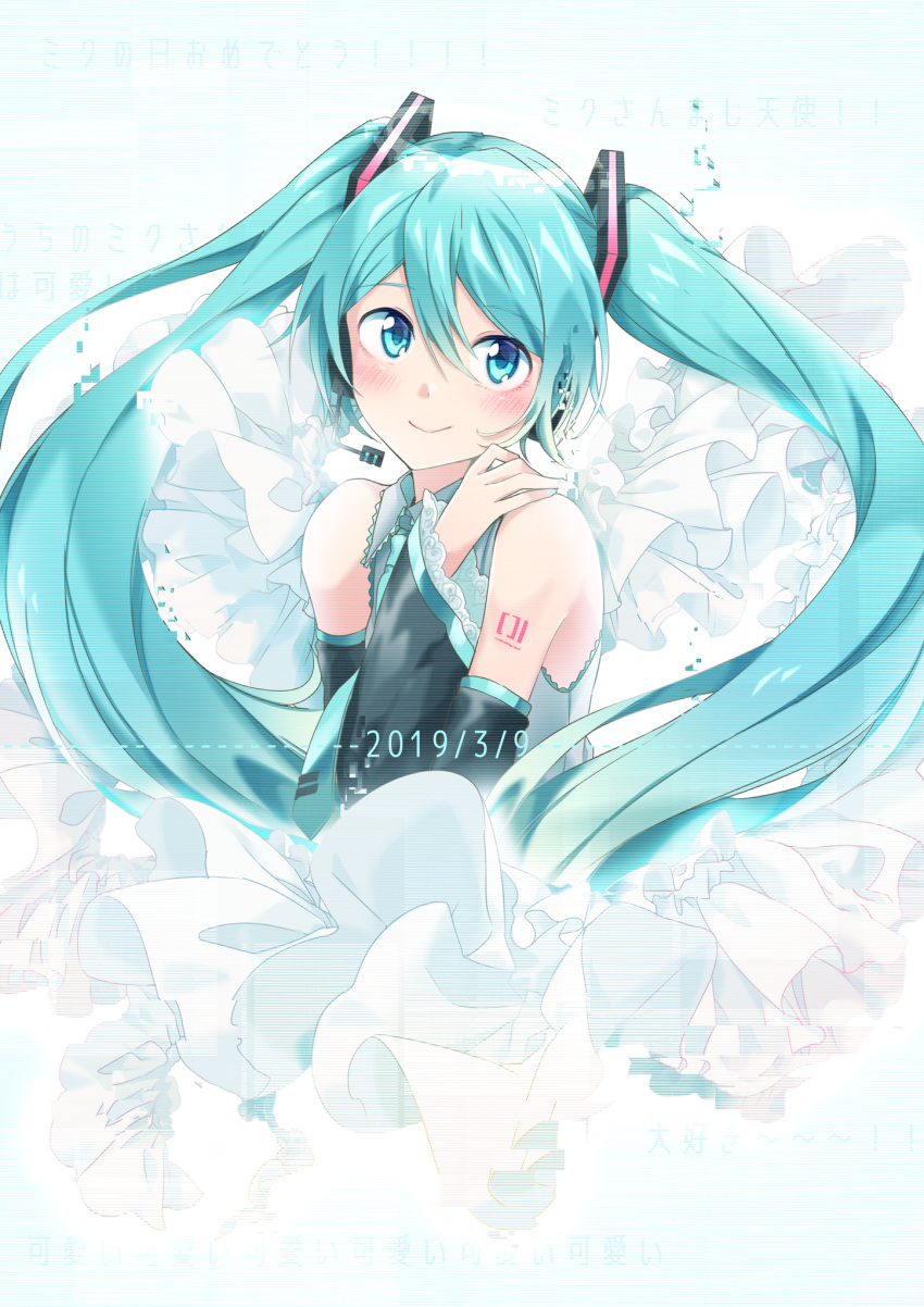 1girl 39 agonasubi aqua_eyes aqua_hair bare_shoulders blush commentary dated detached_sleeves hair_ornament hand_on_own_shoulder hatsune_miku headphones headset highres lace-trimmed_sleeves long_hair looking_at_viewer nail_polish necktie shirt shoulder_tattoo sleeveless sleeveless_shirt smile solo tattoo translated twintails upper_body very_long_hair vocaloid