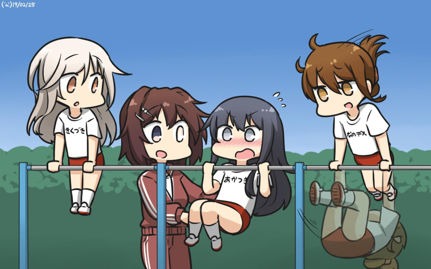 4girls afterimage akatsuki_(kantai_collection) alternate_costume black_hair blue_sky brown_eyes brown_hair buruma clothes_writing commentary dated day exercise feet_out_of_frame folded_ponytail full_body furutaka_(kantai_collection) glowing glowing_eye gradient_sky grey_eyes gym_uniform hamu_koutarou heterochromia highres horizontal_bar inazuma_(kantai_collection) kantai_collection kikuzuki_(kantai_collection) long_hair multiple_girls orange_eyes outdoors red_buruma short_hair sky translated white_hair yellow_eyes