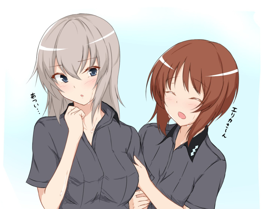 2girls :o adapted_uniform arm_grab bangs blue_eyes blush brown_hair clenched_hand commentary dress_shirt eyebrows_visible_through_hair frown girls_und_panzer grey_shirt head_tilt insignia itsumi_erika kuromorimine_school_uniform long_hair long_sleeves looking_at_another multiple_girls nama_kn nishizumi_miho open_mouth parted_lips school_uniform shirt short_hair short_sleeves silver_hair sweat translated