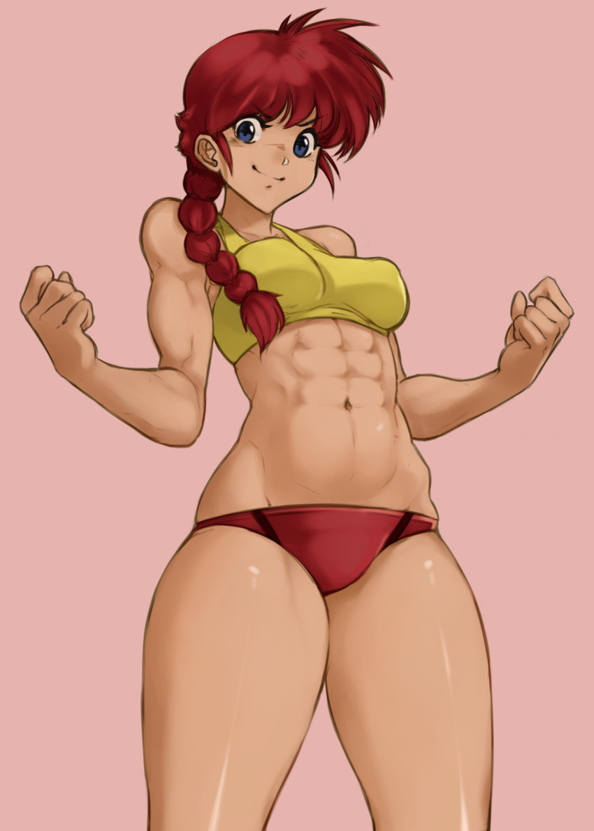 &gt;:) 1girl abs bangs bare_arms bare_legs bare_shoulders biceps blue_eyes braid breasts clenched_hands closed_mouth cowboy_shot eyebrows_visible_through_hair genderswap genderswap_(mtf) hands_up highres hip_bones hip_focus long_hair male_swimwear medium_breasts navel pink_background ranma-chan ranma_1/2 redhead saotome_ranma shiny shiny_skin sidelocks simple_background single_braid skindentation smile solo splayter sports_bra stomach swim_briefs swimwear tan toned v-shaped_eyebrows