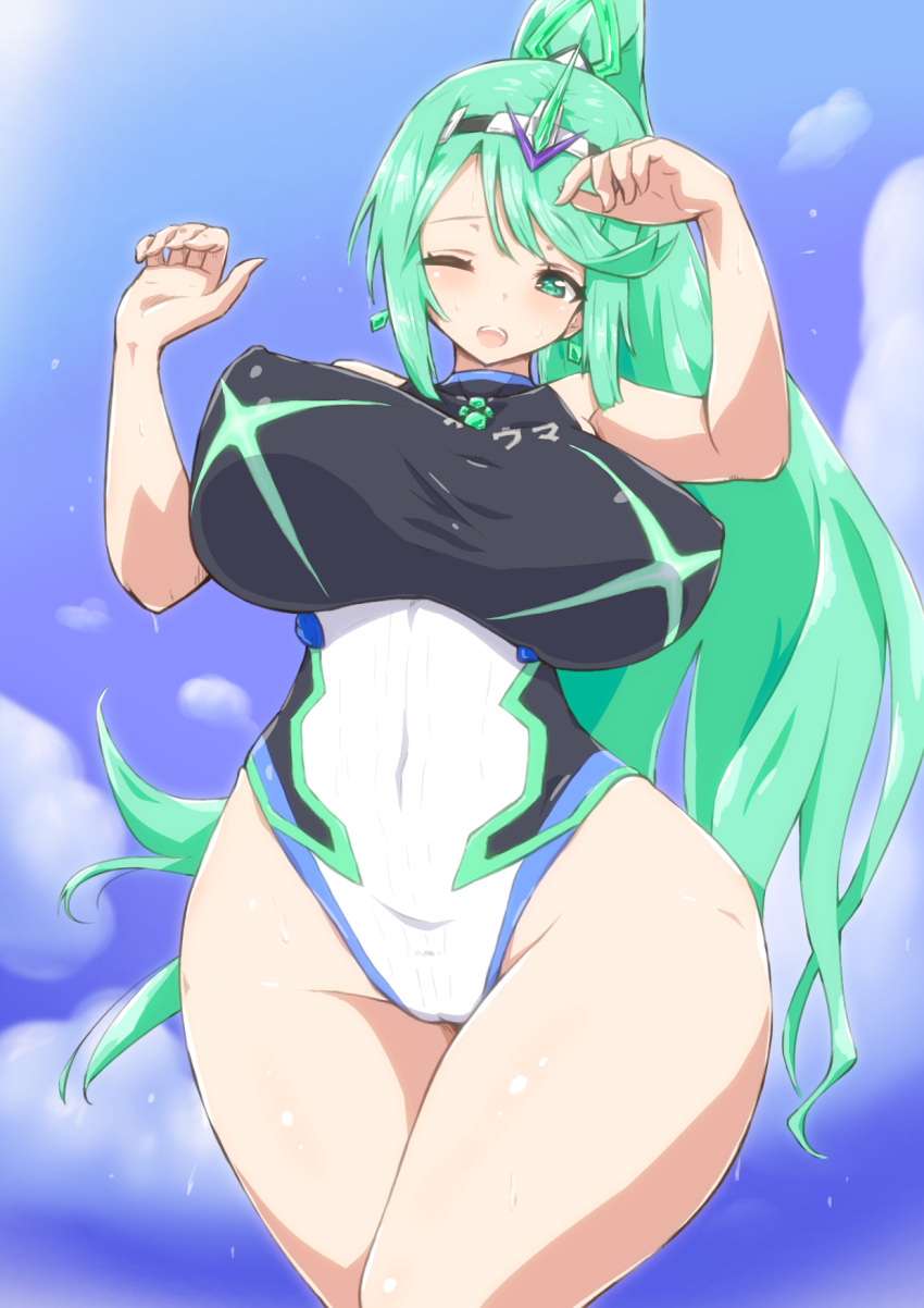 1girl bangs bare_arms bare_hips bea_(adfhbcf4326) black_swimsuit blue_sky blush breasts breasts_apart character_name clothes_writing clouds commentary_request covered_collarbone covered_navel covered_nipples curvy day earrings emerald_(gemstone) gem gloves green_eyes green_hair groin hair_ornament half-closed_eyes halterneck hands_up head_tilt headpiece high_ponytail highleg highleg_swimsuit highres hip_bones hip_focus jewelry large_breasts legs_together long_hair long_ponytail looking_at_viewer multicolored multicolored_clothes multicolored_swimsuit neon_trim one-piece_swimsuit one_eye_closed open_mouth outdoors partial_commentary pneuma_(xenoblade) raised_eyebrows sidelocks sky solo spoilers standing swept_bangs swimsuit taut_clothes taut_swimsuit thick_thighs thighs tiara turtleneck upper_teeth very_long_hair wet white_swimsuit wide_hips wince xenoblade_(series) xenoblade_2