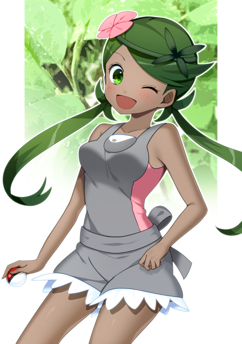 1girl ;d absurdres back_bow blush bow dark_skin flower green_eyes green_hair grey_shirt grey_shorts hair_flower hair_ornament highres holding holding_poke_ball leaning_back long_hair looking_at_viewer mallow_(pokemon) one_eye_closed open_mouth pink_flower poke_ball pokemon pokemon_(game) pokemon_sm shiny shiny_skin shirt short_shorts shorts sleeveless sleeveless_shirt smile solo standing twintails very_long_hair yuihiko
